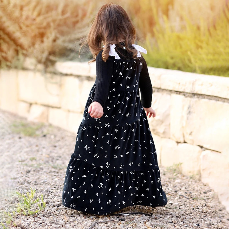 3T-20T Toddler Girls Maxi Dress Girl Lace Tie Shoulder Sleeveless Overall Dress Black Velvet Winter Robe DressSuspender Skirt 240906