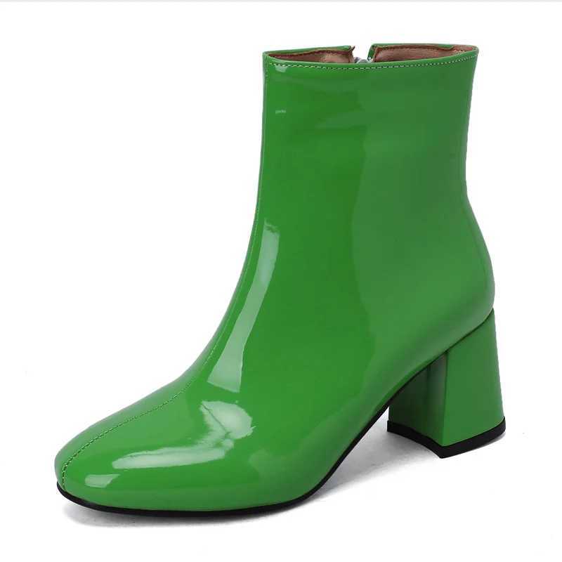 Shiny Smooth Patent Leather Ankle Boots Women High Block Heels Red Blue Green Yellow Dress Office Lady Winter Plush Short Boots M240912