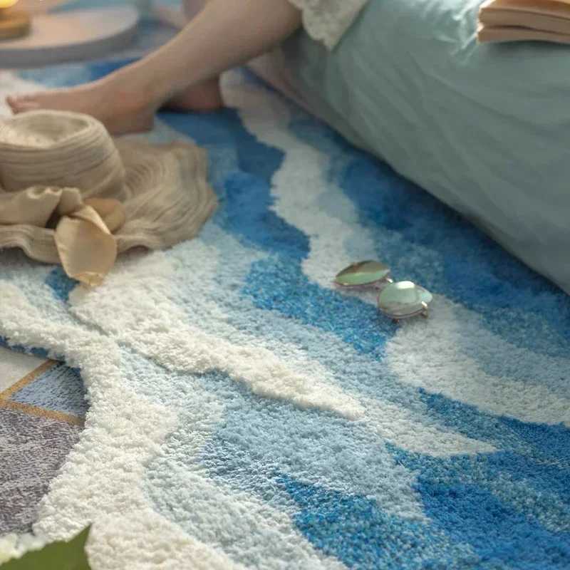 Carpets Aesthetic Wave Rug High-Quality Flocking Antislip Carpet Bathroom Blue Sea Tufted Carpet House Decoration Kid Room Bedside Rug Q240910