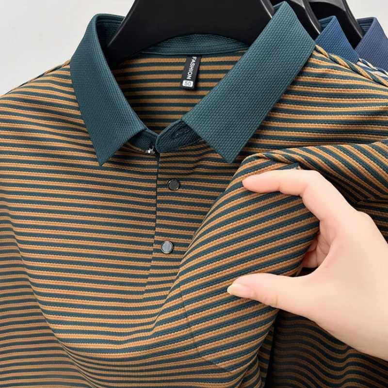 High end luxury brand mens polo shirt 2024 autumn fashion striped pocket ice silk long sleeved casual trend lapel mens clothing W240913