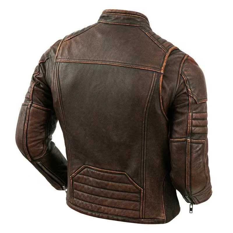 Top-Quality Cowhide Genuine Leather Jacket Mens Fashion Retro Old Collar Biker Jacket Spring And Autumn New StyleX240913