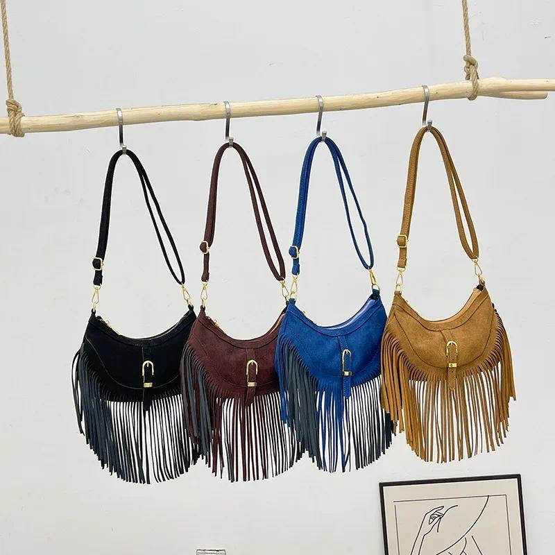 Totes Women Bag Casual Tassel Shoulder Veet Leather Vintage Crossbody Bags Ladys Retro Handbag Bohemian Style Hobos bcc6