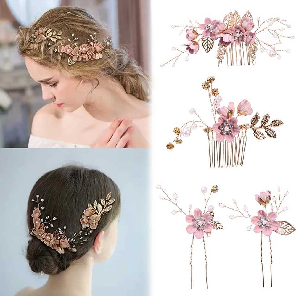 4pcs/set Luxury Pearl Flower Hairpin Side Comb Golden Leaf Shaped Alloy Tiaras Wedding Bride Hair Clips Hair Jewelry HeadwearX240913