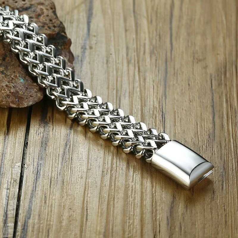 12mm Stainless Steel Mens Silver Color One Chain Double Rows Wristband Magnetic Clasp BraceletX240913