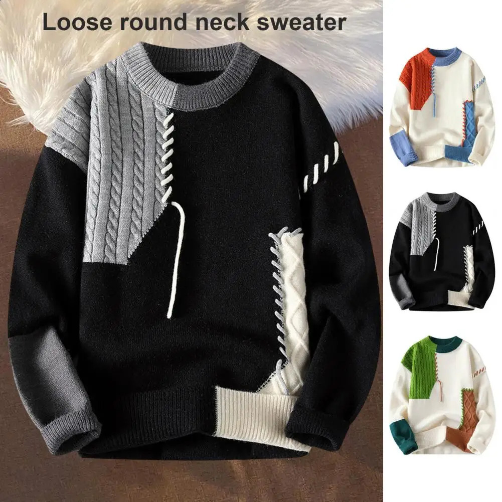 Men Color-blocked Sweater Mens Color Block Knit Sweater with Round Neck Loose Fit Thick Warm Pullover for Casual or Work Wear 240905