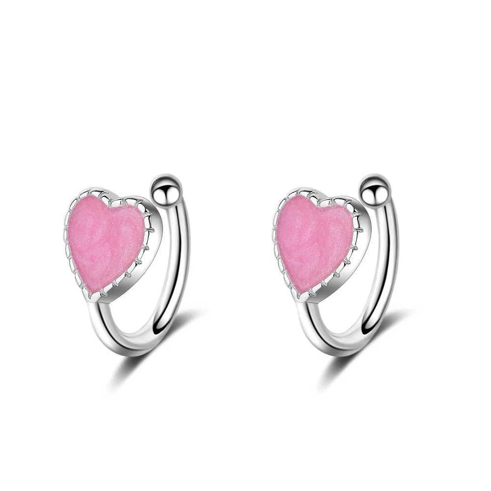Cute Small Pink/Green Heart 925 Sterling Silver Ear Cuff Clip on Earrings For Women Girls Children Baby Kids Jewelry Aros AretesX240913