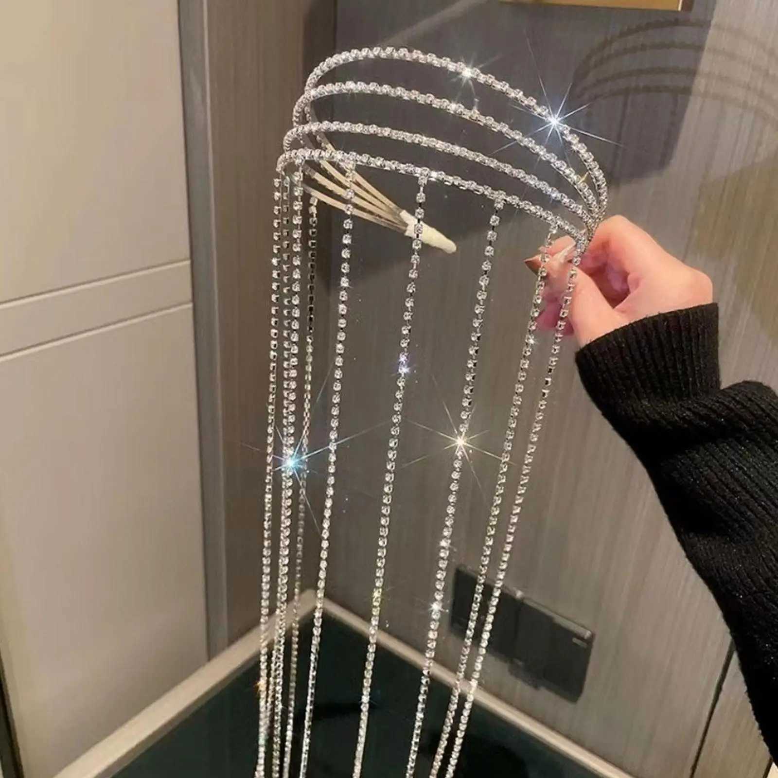 Full Rhinestone Long Tassel Headband For Women Multilayer Flashing Crystal Hairband Party Hair AccessoriesX240913