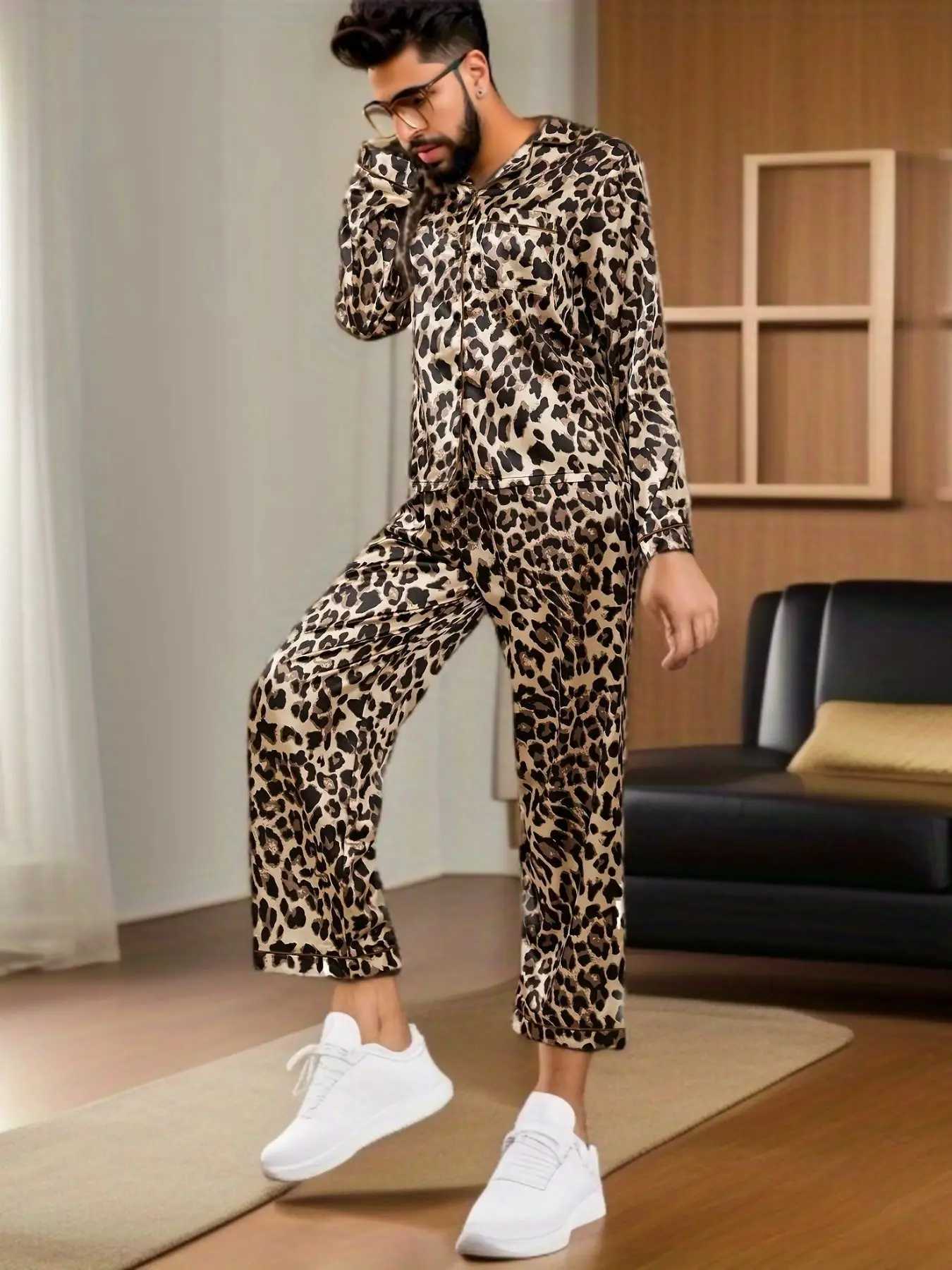 New Spring Summer Men 2PCS Pajamas Set Print Silk Satin Sleepwear Long Sleeve Pijamas Suit Loose Casual Home Clothes Loungewear Y240913