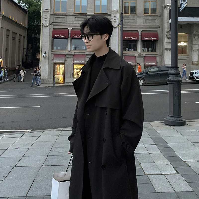 FEWQ Mens Long Over Knee Windbreaker Coat Double Breasted Solid Color 2024 Korea Fashion Long Sleeve Male Trench 24E2055 Y240913