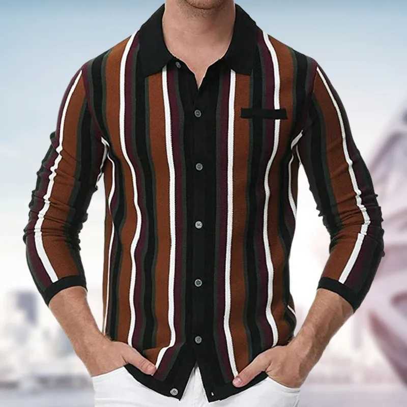 Autumn clothing mens knitted patch work polo shirt street clothing retro elastic button long sleeved casual knitting W240913