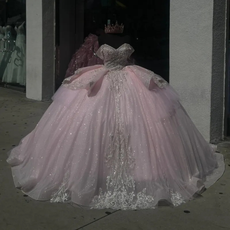 Pink Shiny Quinceanera Dresses Ball Gown Off The Shoulder Applique Beading Crystals Tull Corset Sweet 16 Dress Vestido De 15 Anos