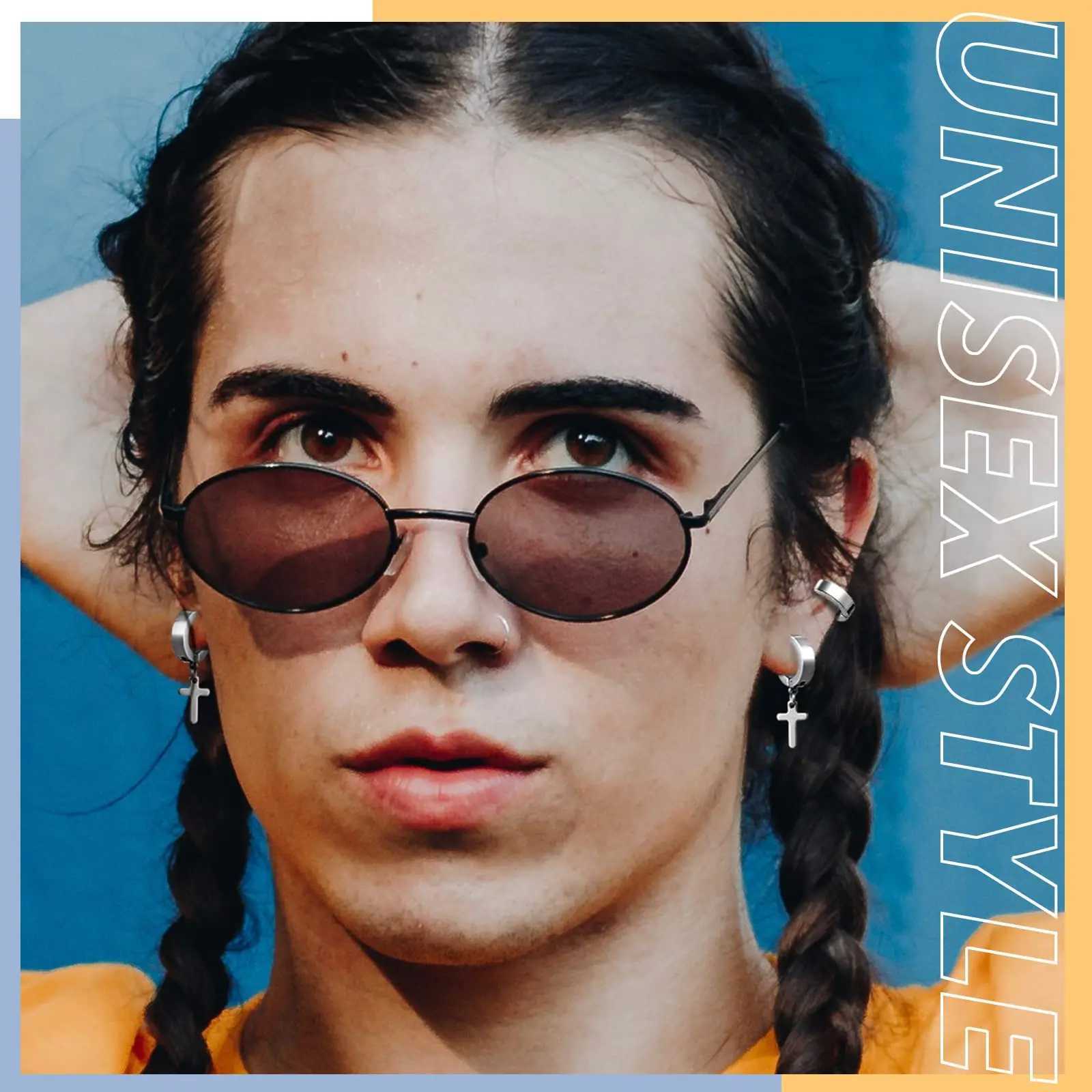 1 Pairs Ear Clip Earrings Set For Men Women Stainless Steel Non-Piercing Cross Dangle Hoop Unisex Clip On EarringsX240913