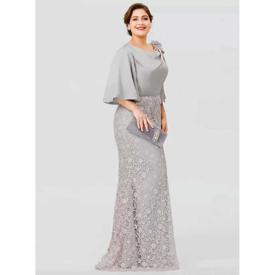 Silk Elegant Long Satin Memaid Mothe Of The Bide Desses Half Sleeves Sie Lace O Length Fomal Evening Gowns Chic Wedding Guest Dess Goom Mom Pom