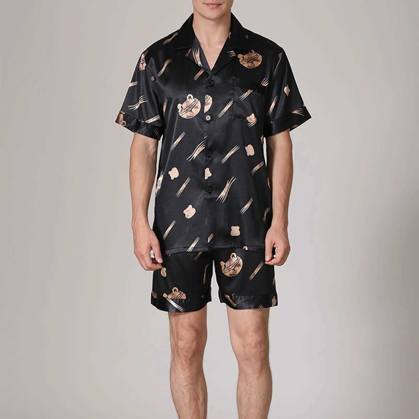 Men Silk Satin Pajamas Sets Short Sleeve Sleepwear Button-Down PJs Sets Summer Loose Two-Pieces Loungewear Y240913