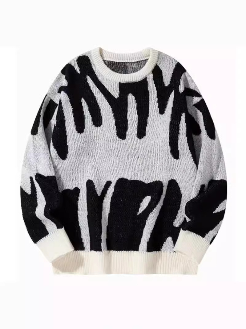 Men's Sweaters Winter Irregular Jacquard Pattern Pullover Sweater Casual Round Neck Contrast Color Knitted Men's Pullover