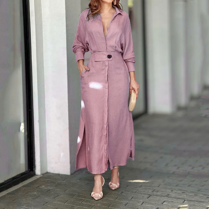 Fashion Dress for v neck shirt dress Women Luxury Elegant Solid Color Evening Dresses midi dress 2023 Party Slip Pockets Chic Long Sleeve Clothes