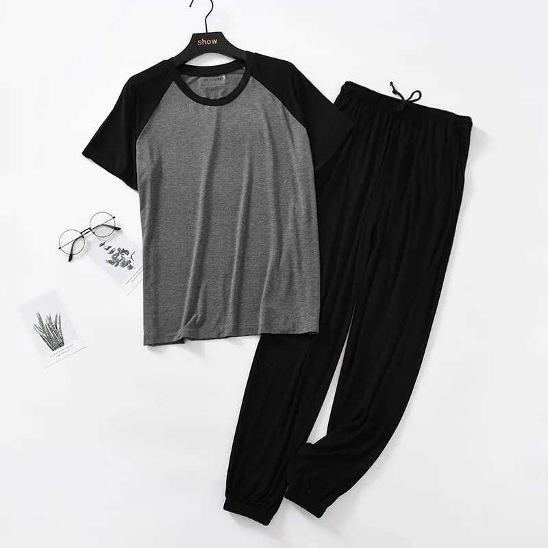 Japanese spring and summer mens pajamas suit modal short-sleeved trousers thin stitching plus fat large size loose home service Y240913