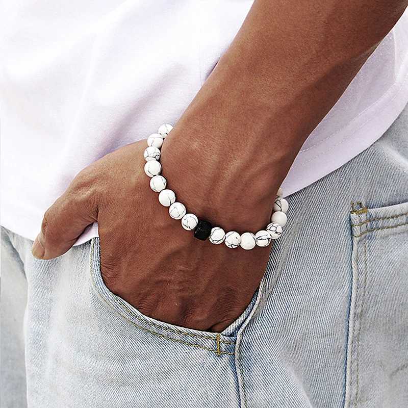 Mens Bead Bracelet Charm Fashion Simple Style Jewelry Gift Square Volcanic Stone Bead Tiger Eye Stone White Energy Bracelet W240913