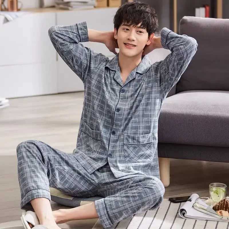 100% Cotton Mens Long Sleeve Cardigan Pajama Set Autumn/winter Homewear Suit For Young Men Y240913