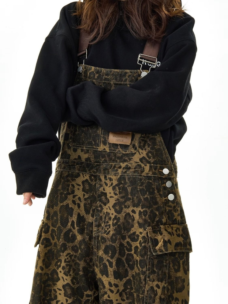Leopard print suspender jeans ladies n high street hiphop fashion ins high-end sense of loose-fitting wide leg pants