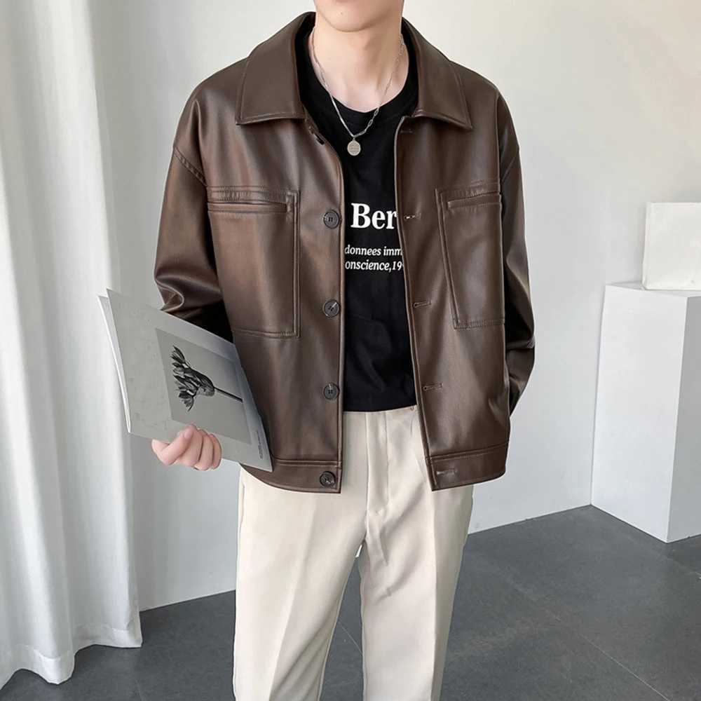 2023 Autumn Mens Retro Lapel Short Long Sleeve Elegant British Pu Textured Leather Casual Jacket Loose Leather Jacket For MenX240913