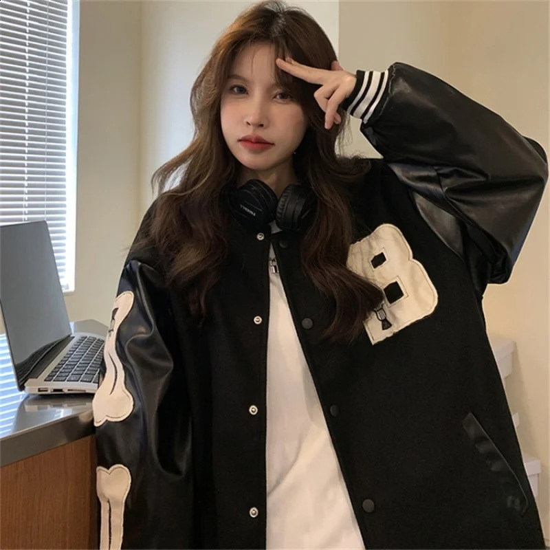 Man Women Baseball Jacket Autumn Letter Embroidery Ins American Bomber Coat Loose Long Sleeve Top Female 240904