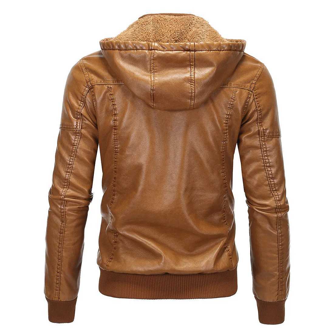 Mens Leather Jacket with Plush Insulation Classic Imitation Sheepskin Hood Business Casual Pu Sports Jacket Autumn and WinteX240913