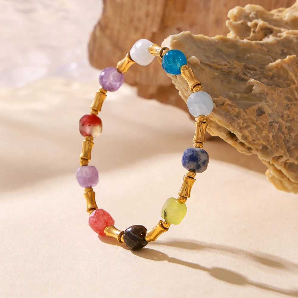 Bohemian Natural Stone Chain Bead Bracelet Womens Stainless Steel Bamboo Joint Womens Chain Bracelet Wedding Jewelry W240913
