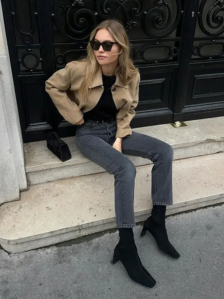 Women Vintage Single Breasted Slim Short Coat Elegant Lapel Long Sleeves Cropped Jacket With Pocket Autumn Lady Street Tops 240911