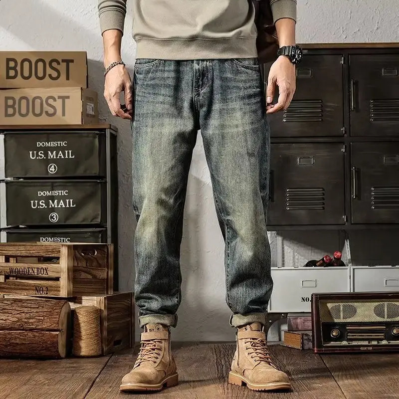 American Style Chaopai Simplicity Spring Autumn Jeans Mens Pockets Zipper Distress High Street Casual Loose Straight Pants 240911