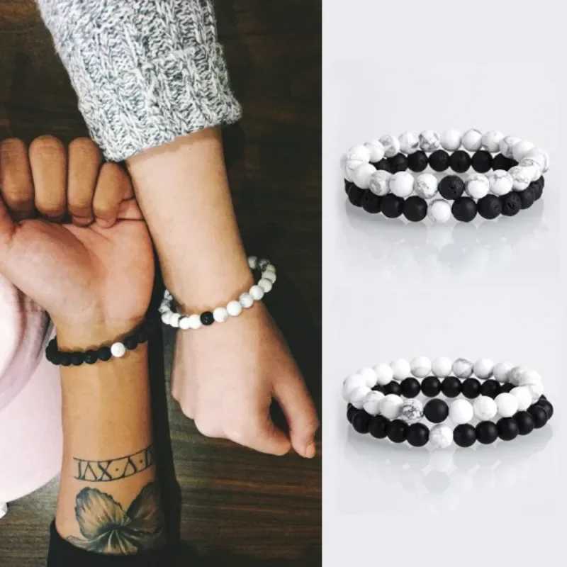 2PCS Couple Long Distance Bracelet Natural Stone Red Black Yin Yang Bead Bracelet W240913