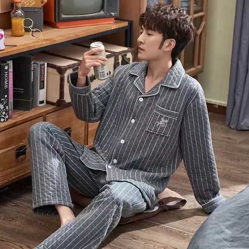 Fall Winter Thicken Warm Flannel Pajama Sets for Men Cotton Sand Stripe Sleepwear Pyjamas Homewear Clothes 2024 Plus Size Y240913