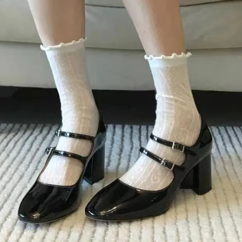 New Mary Jane Fashion Round Toe Solid Color High Heels Buckle Single Shallow Mouth er Womens Party Dress Shoes 240904
