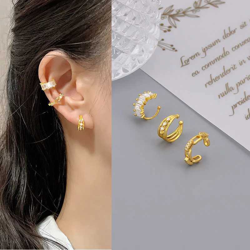 1 pcs New Gold Color Charming Line Zircon Clip On Earrings Ear Cuff Without Piercing Earrings JewelryX240913