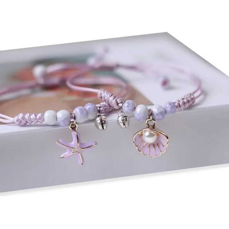 Creative starfish shell pearl pendant bracelet womens handmade purple woven bracelet adjustable summer beach gift jewelry W250121