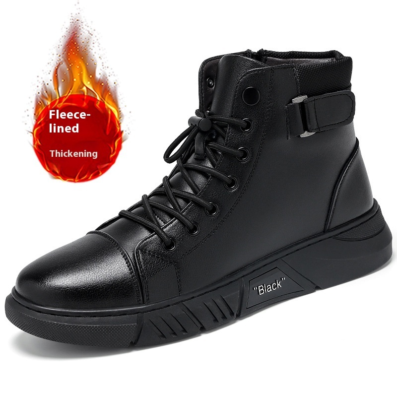 Winter New Cotton Shoes, Men's Lace up High Top Martin Boots, Youth Fashion Plush Insulation, Thick Sole Outdoor Leather Boots
