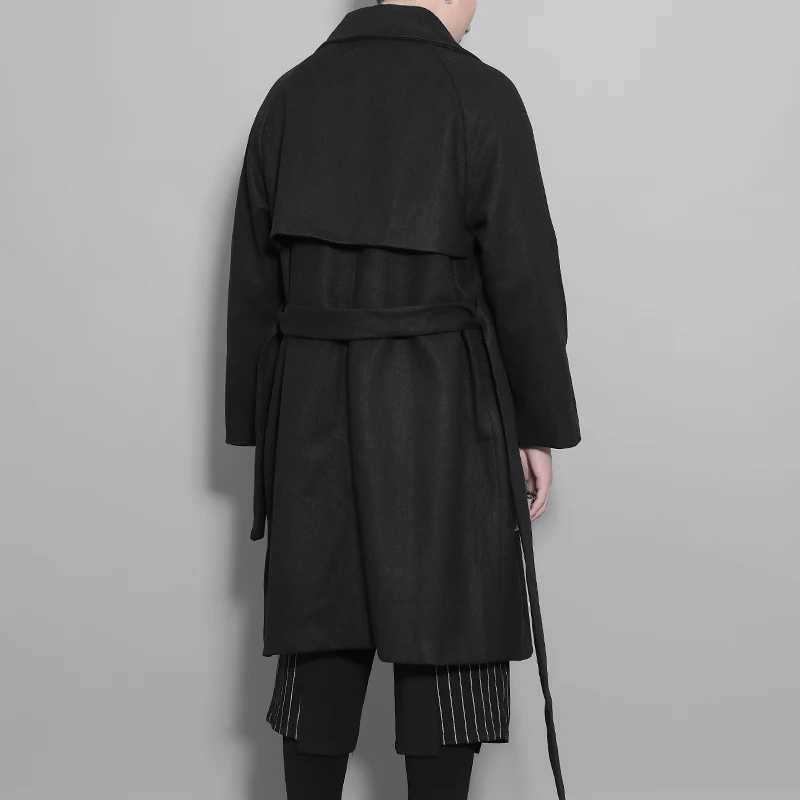 New Style winter fashion mens cloaks and robes individuality belt black wool coat mens coat medium-length Y240913