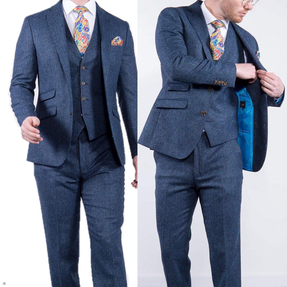 Handsome Wedding Men's Suit 3 Piece Set Notched Lapel Tailored Blazers Groom Jacket For Man Harringbone Custom Made Plus Size (Coat+Pants+Vest)