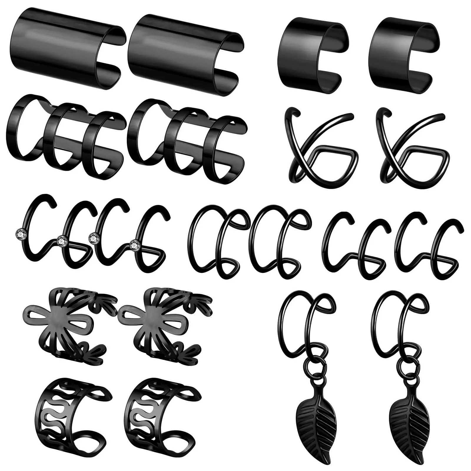 2-20Pcs Black Stainless Steel Adjustable Ear Cuff Wrap Clip On Earrings Fake Non Piercing Cartilage Helix Hoop Earrings SetX240913