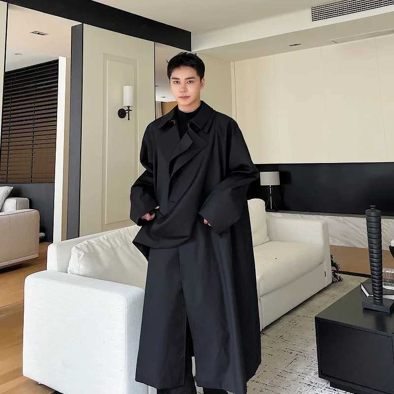 2023 Autumn Korean style Unique lapel jacket trench men casual loose long section Windbreaker for men coat jacket M-XL Y240913