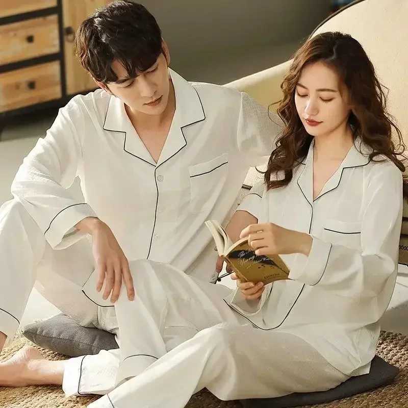 Ice Silk Satin Couples Pajamas Thin New Women Men Two-piece Plus Size Homewear Set Pijama Set Women Pijma Hombre Y240913