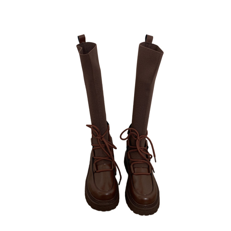 Knitted Stretch sock boots women lace-up long tube riding botas thicken soled stovepipe botte femme slim knee-high botines 2021