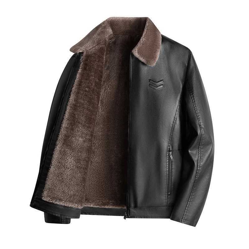 Mens Vintage Leather Jacket Winter Lined Lambskin Fur Collar Motorcycle Windproof Jacket Business Casual Warm PU Leather JacketX240913