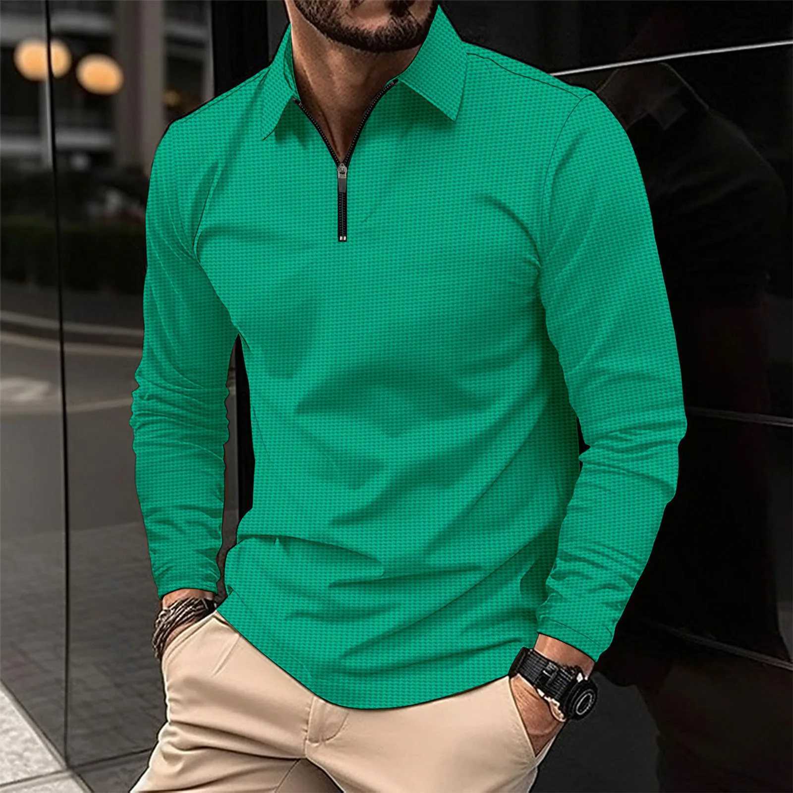 New Long Sleeve Solid Color Polo Shirt with Flip Collar Long Sleeve Waffle Zipper Fashionable 2023 Autumn Thin T-shirt Casual Loose Handsome Top W2409