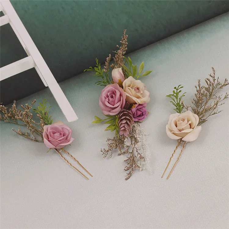 Bride Handmade Headdress Dried Flower Hairpin Simulation Rose Flower Wedding Hair Accessories Seaside Photography Head FlowerX240913