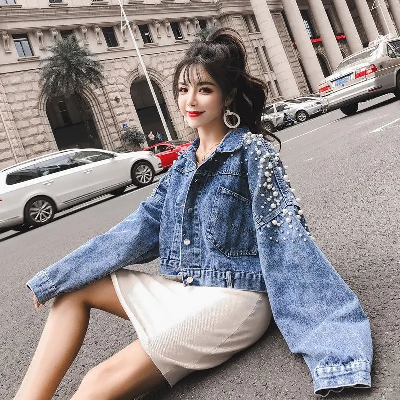 Retro denim jacket womens clothing autumn Korean fashion version polo neck short jacket beads loose casual jacket womens top 240906