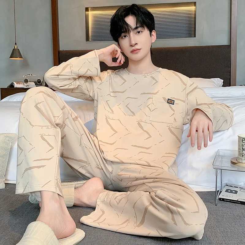 Mens Two-Piece Pajamas Autumn New Cotton Mens Pajamas Long-Sleeved Trouser Student Teenage Homewear Suit pijama hombre Y240913