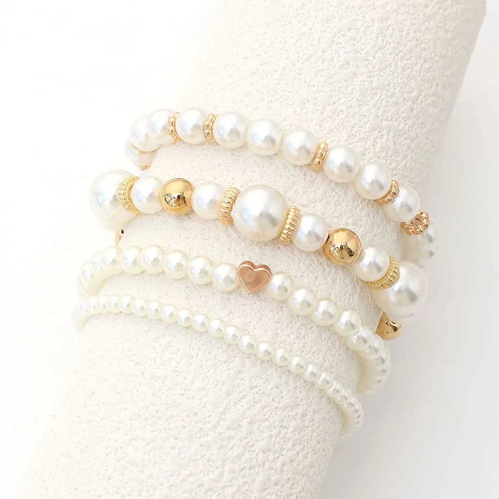 4pcs/Set Simple White Faux Pearls Beads Beaded Heart Temperament Bracelet Set Elegant Handmade Hand String Jewelry Accessory W250121