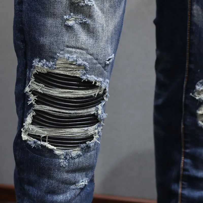 Street Fashion Men Jeans Retro Dark Blue Stretch Skinny Fit Ripped Jeans Hole Leather Patched Designer Hip Hop Brand Pants Men M240912