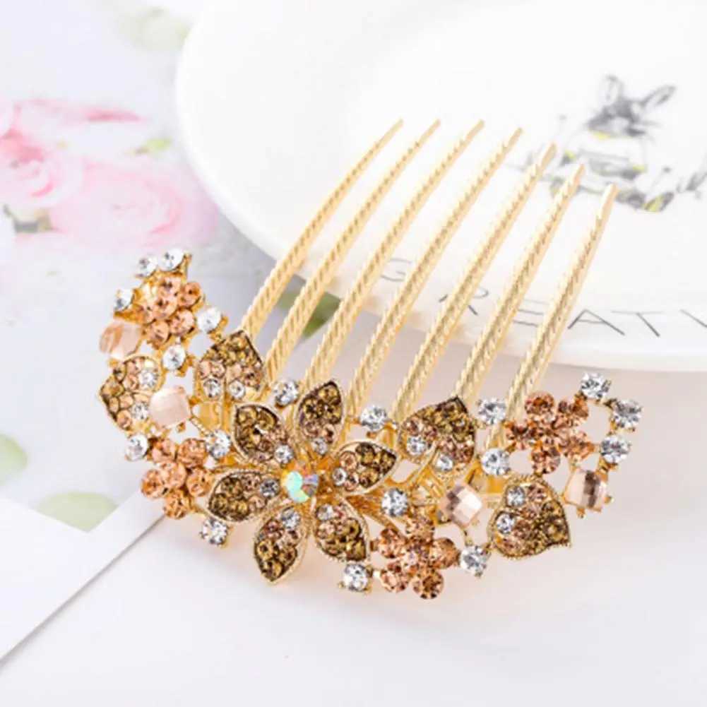 Headwear Classic Rhinestone Hollow Out Flower Colorful Hair Ornament 7 Teeth Wedding Hair Clip Sturdy for DatingX240913